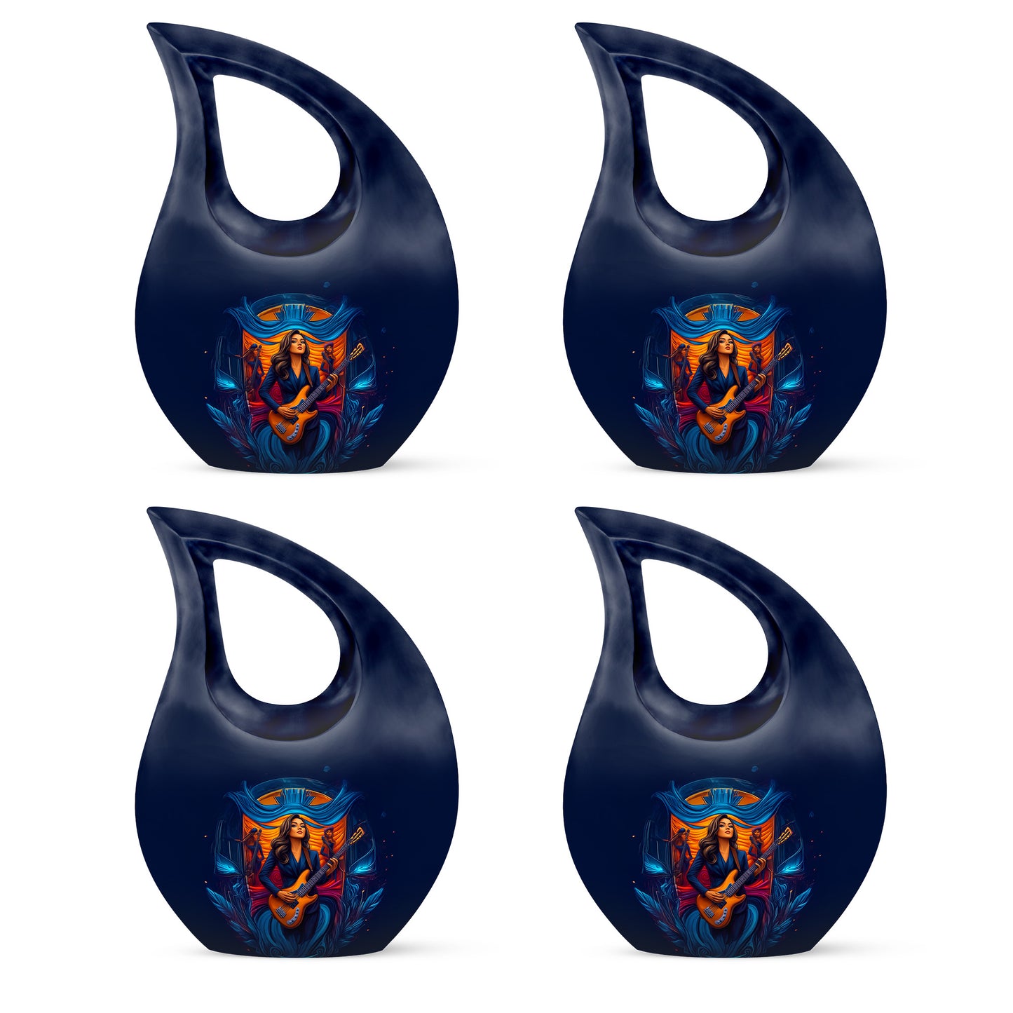 Misty Blue Guitar Cremation Urn lifestyle display on memorial shelf - sacred cross merged with guitar motif on metal - 10 inch aluminum urn for cremated remains