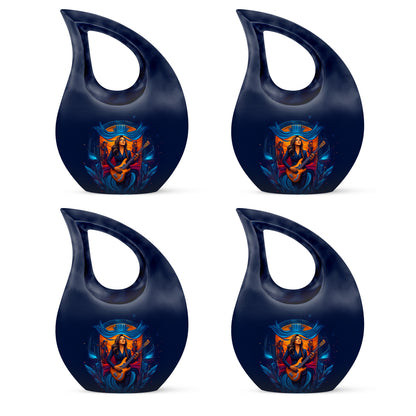 Misty Blue Guitar Cremation Urn lifestyle display on memorial shelf - sacred cross merged with guitar motif on metal - 10 inch aluminum urn for cremated remains