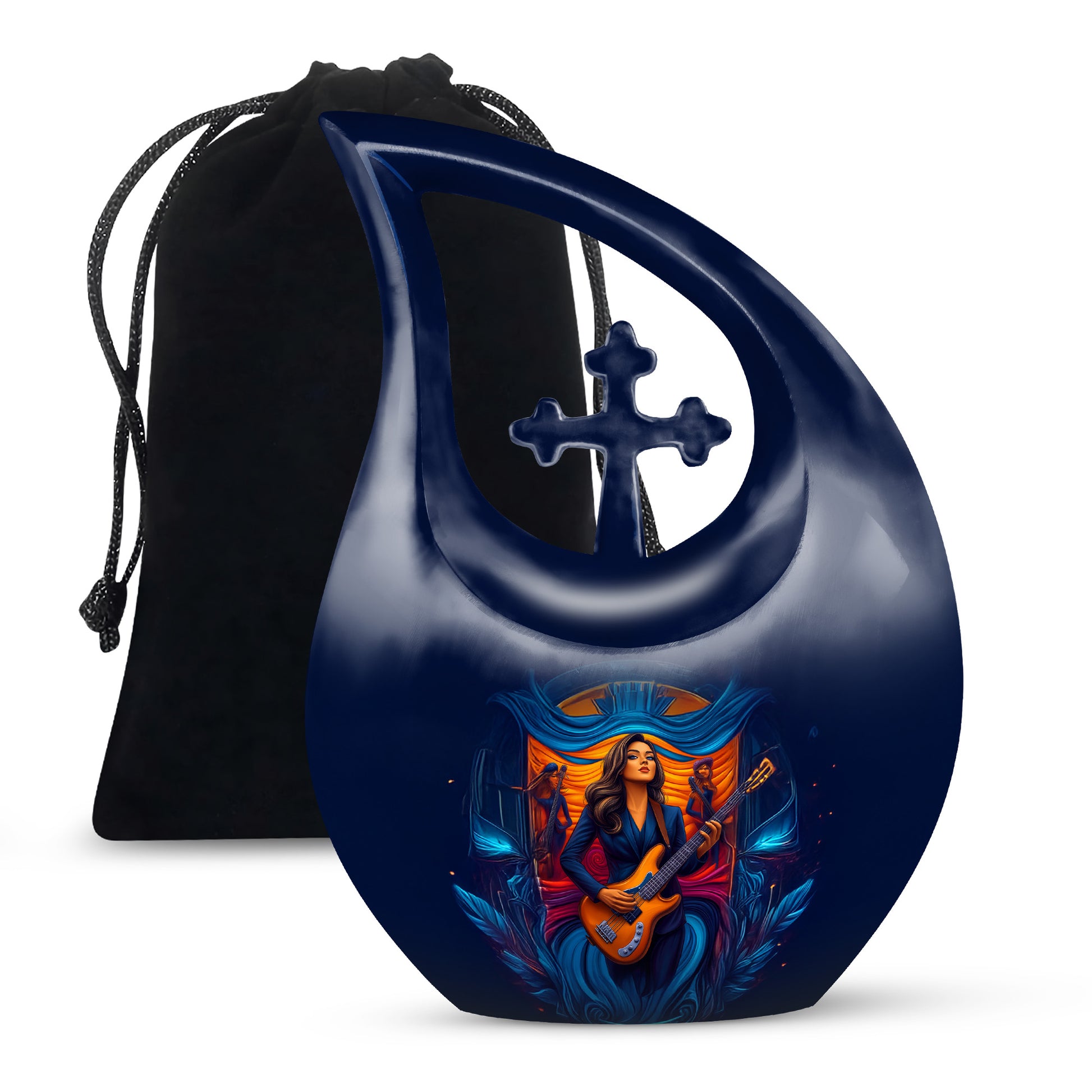Cobalt Blue Guitar Cremation Urn top-down view of secure threaded lid - faith-inspired cross-drop urn with guitar pattern - full-size 10 inch 200 cubic inch adult cremation urn