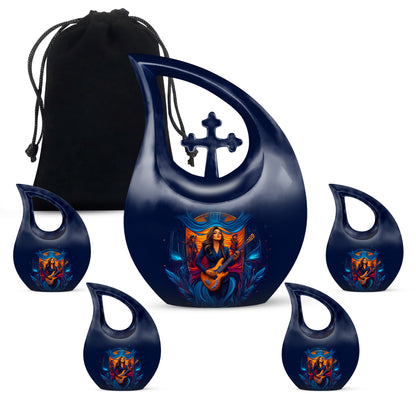 Twilight Blue Guitar Cremation Urn urn with complimentary velvet bag - devotional cross-drop guitar engraving - memorial set with one large and four small urns