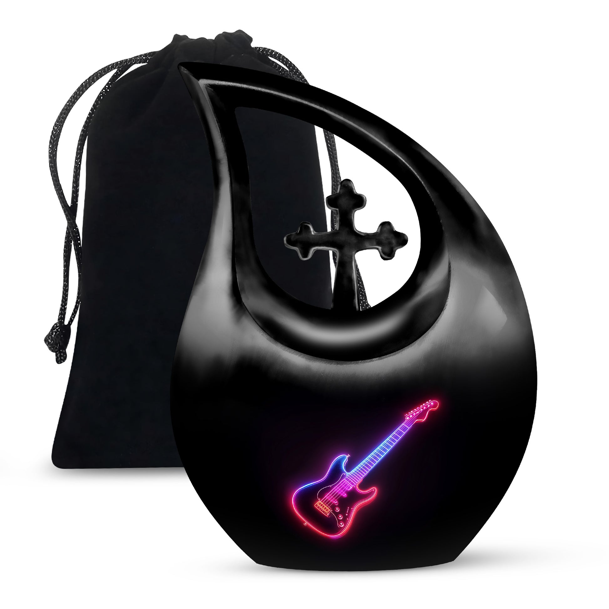 Dark Black Guitar Cremation Urn top-down view of secure threaded lid - devotional cross-drop guitar engraving - full-size 10 inch 200 cubic inch adult cremation urn