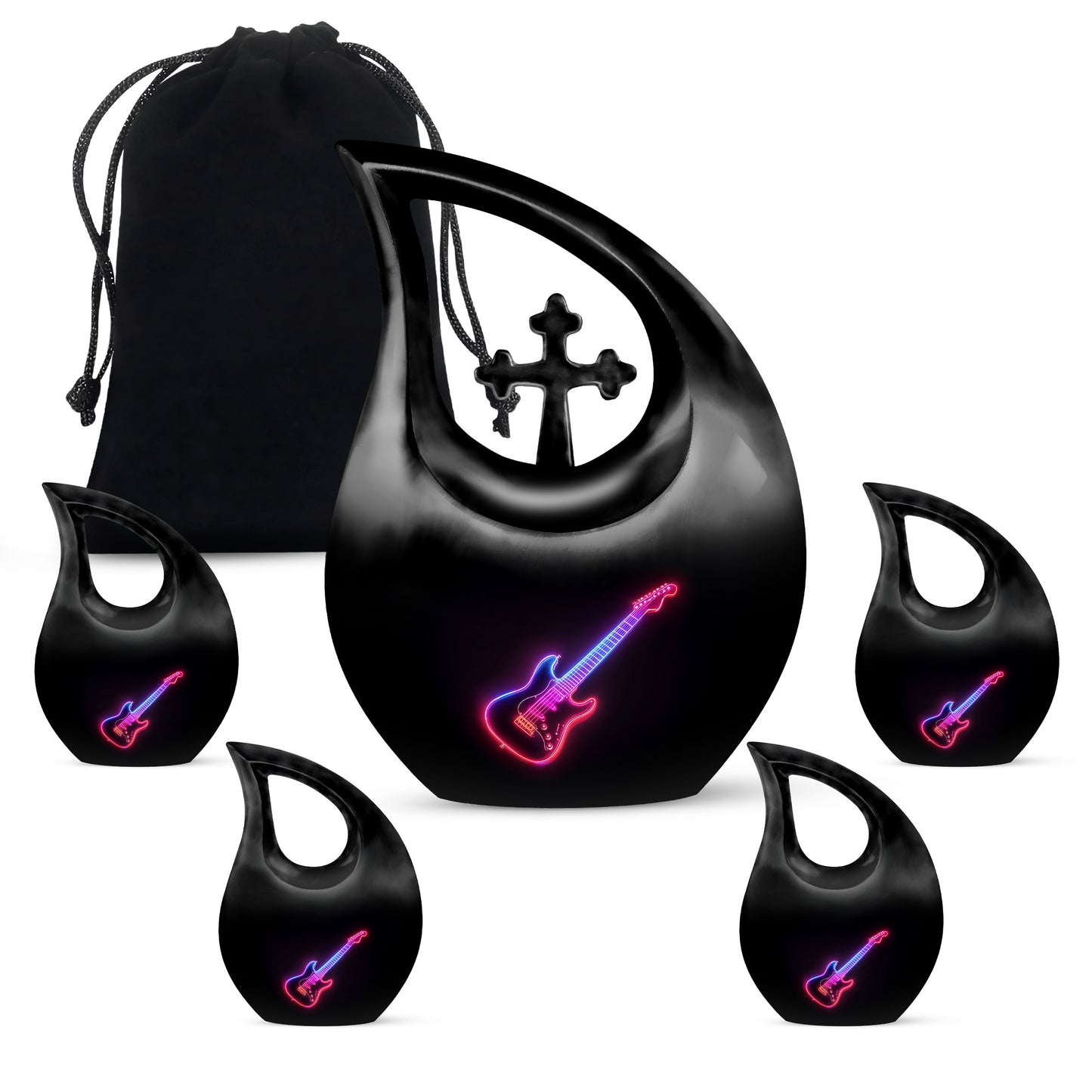 Charcoal Black Guitar Cremation Urn urn with complimentary velvet bag - faith-inspired cross-drop urn with guitar pattern - memorial set with one large and four small urns