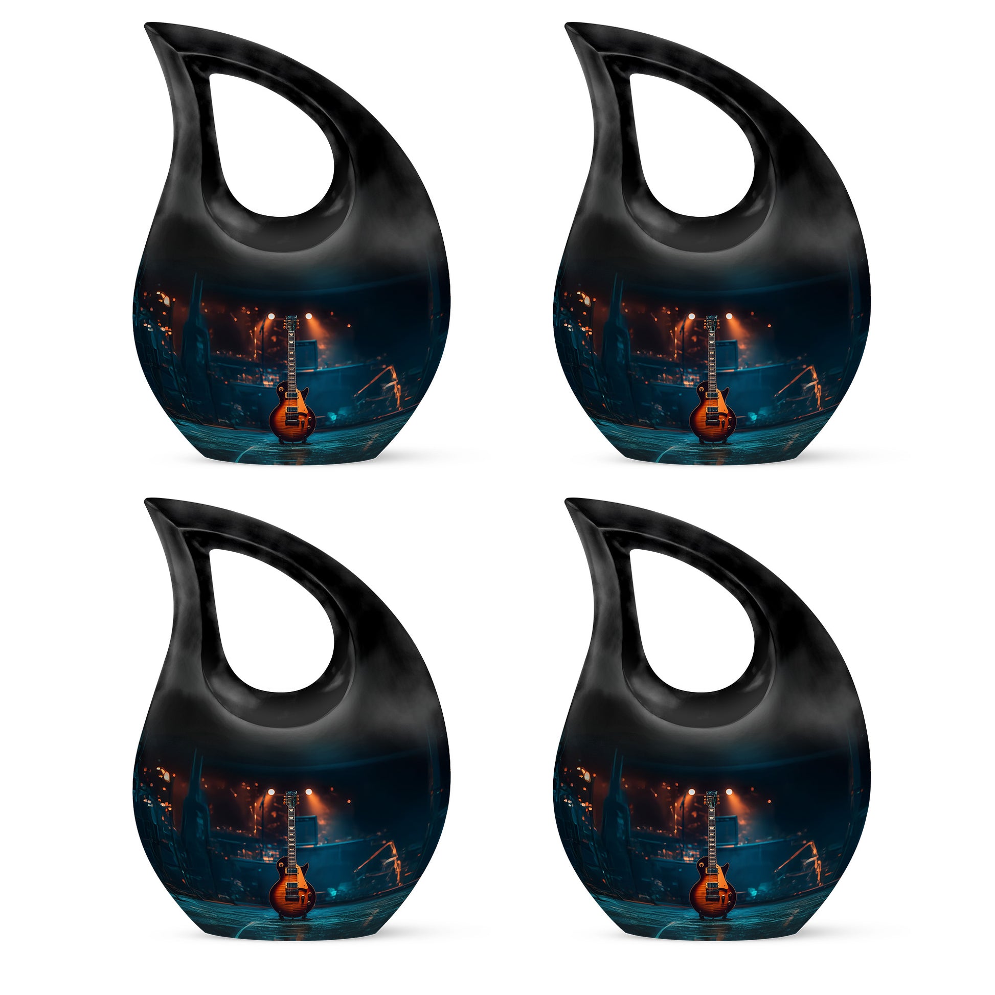 Deep Black Guitar Cremation Urn lifestyle display on memorial shelf - sacred cross merged with guitar motif on metal - 10 inch aluminum urn for cremated remains