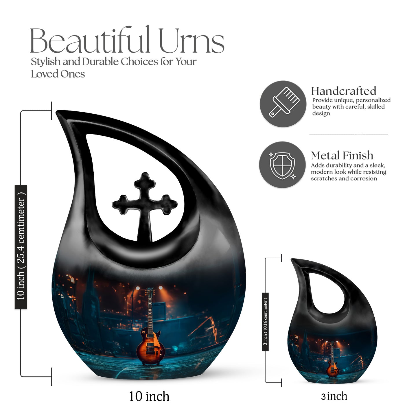 Jet Black Guitar Cremation Urn back view with polished surface - sacred cross merged with guitar motif on metal - mini keepsake memorial for portion of cremation ashes