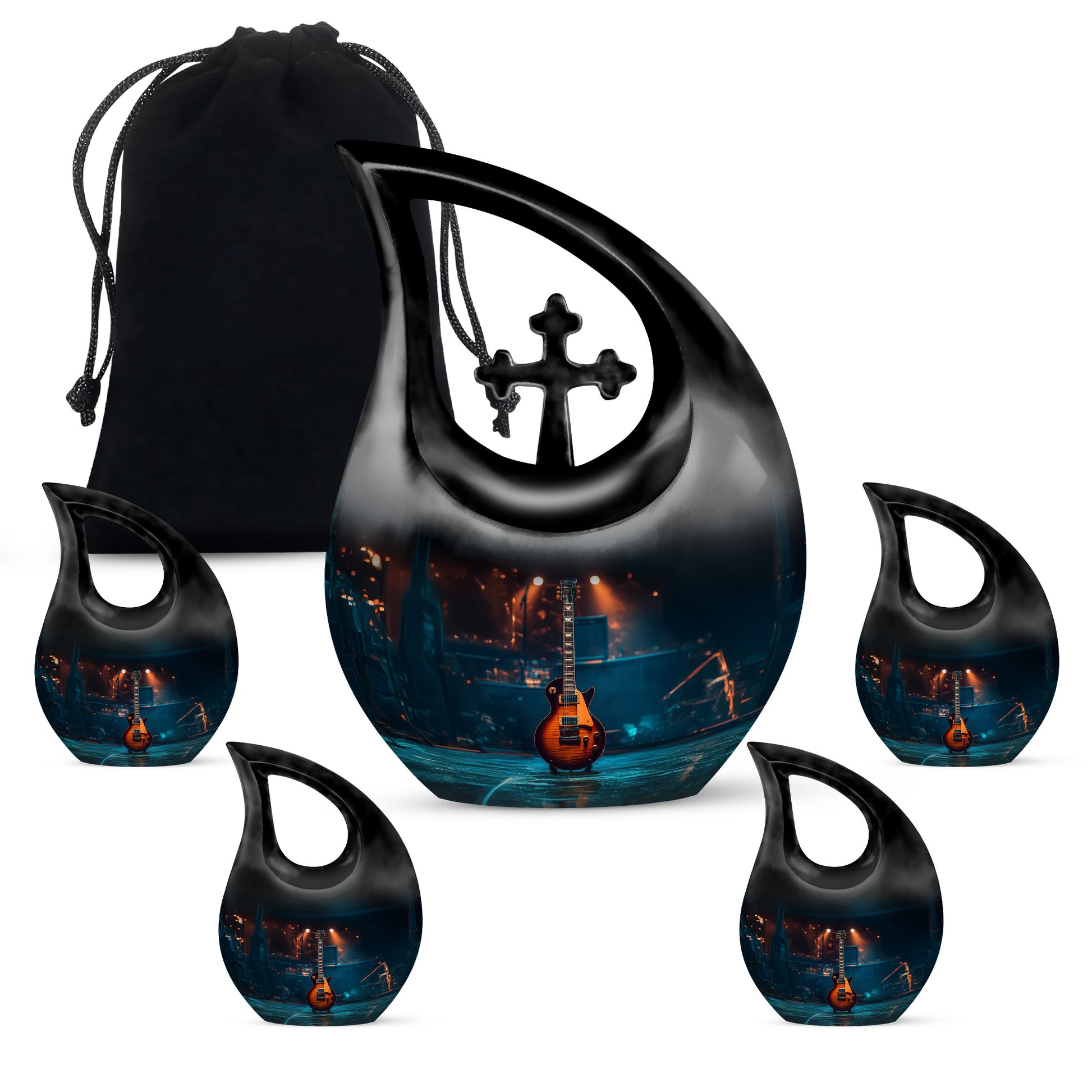 Glossy Black Guitar Cremation Urn urn with complimentary velvet bag - cross and guitar combined in spiritual memorial design - memorial set with one large and four small urns