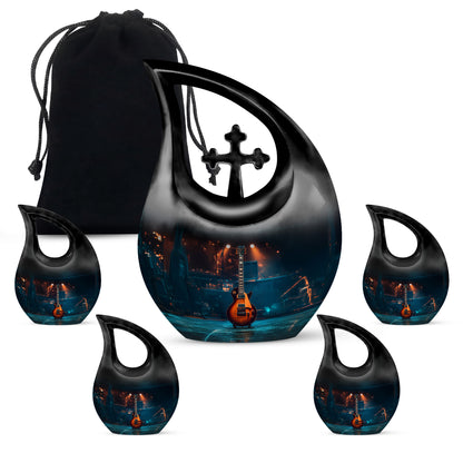 Glossy Black Guitar Cremation Urn urn with complimentary velvet bag - cross and guitar combined in spiritual memorial design - memorial set with one large and four small urns