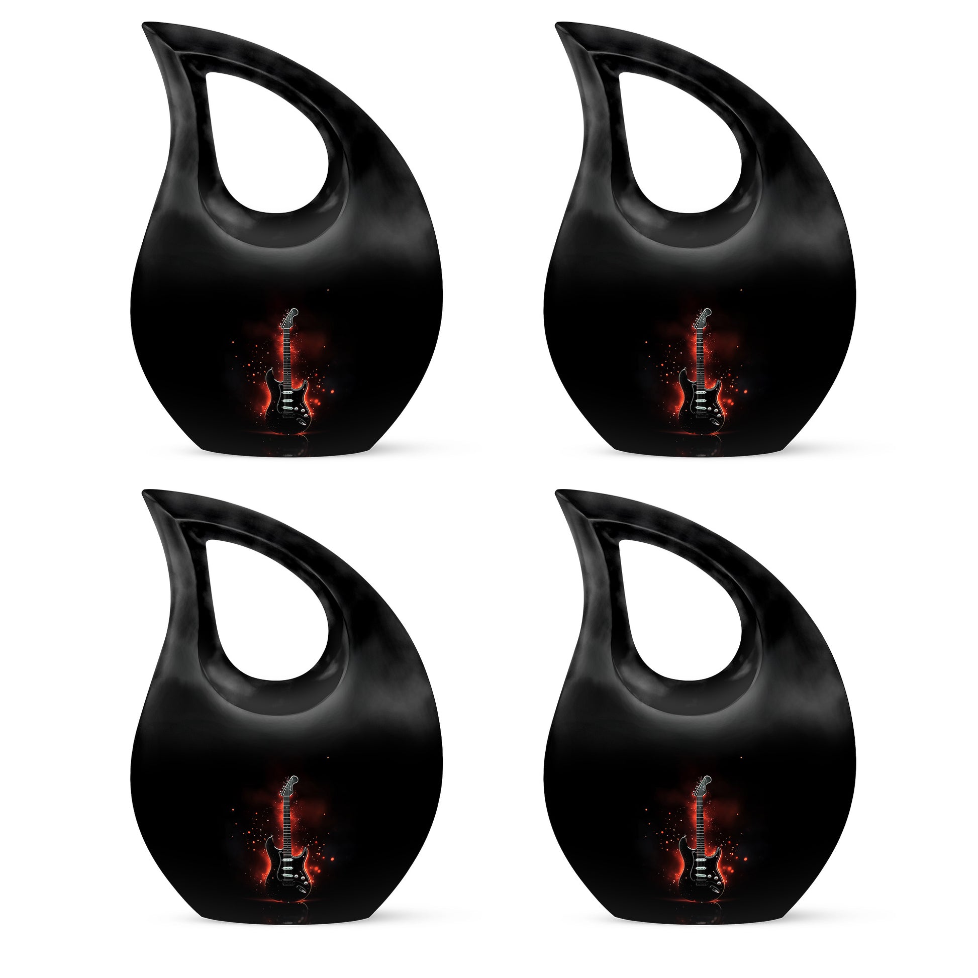 Rich Black Guitar Cremation Urn lifestyle display on memorial shelf - sacred cross merged with guitar motif on metal - 10 inch aluminum urn for cremated remains