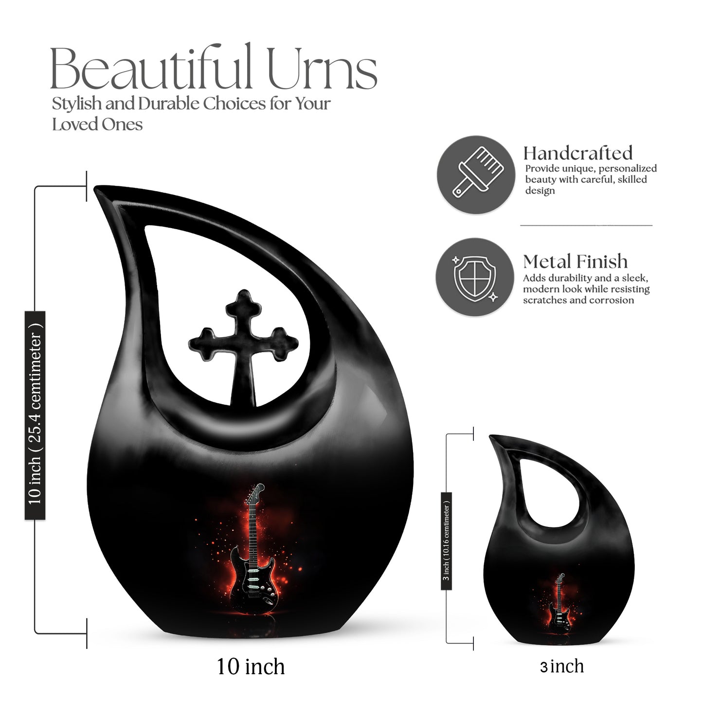 Glossy Black Guitar Cremation Urn back view with polished surface - cross and guitar combined in spiritual memorial design - mini keepsake memorial for portion of cremation ashes