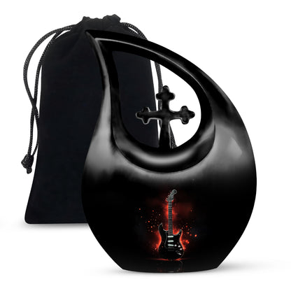 Deep Black Guitar Cremation Urn top-down view of secure threaded lid - cross and guitar combined in spiritual memorial design - full-size 10 inch 200 cubic inch adult cremation urn