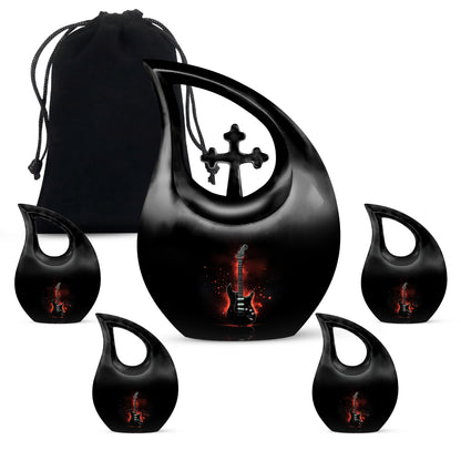 Onyx Black Guitar Cremation Urn urn with complimentary velvet bag - faith-inspired cross-drop urn with guitar pattern - memorial set with one large and four small urns