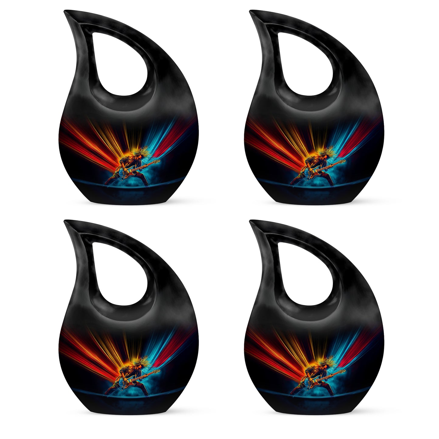 Glossy Black Guitar Cremation Urn lifestyle display on memorial shelf - cross and guitar combined in spiritual memorial design - 10 inch aluminum urn for cremated remains
