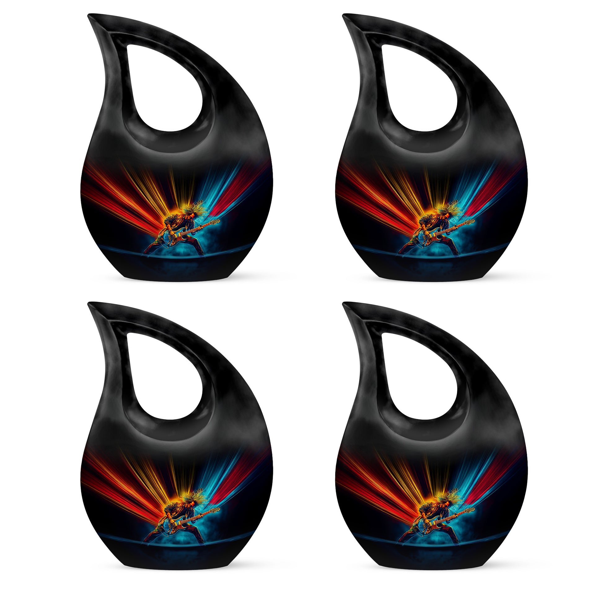 Glossy Black Guitar Cremation Urn lifestyle display on memorial shelf - cross and guitar combined in spiritual memorial design - 10 inch aluminum urn for cremated remains