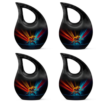 Glossy Black Guitar Cremation Urn lifestyle display on memorial shelf - cross and guitar combined in spiritual memorial design - 10 inch aluminum urn for cremated remains