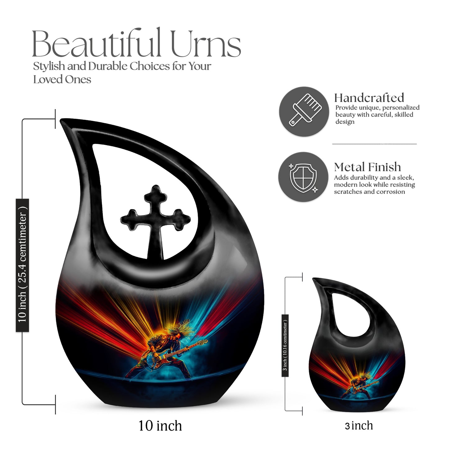Jet Black Guitar Cremation Urn back view with polished surface - cross and guitar combined in spiritual memorial design - mini keepsake memorial for portion of cremation ashes