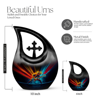 Jet Black Guitar Cremation Urn back view with polished surface - cross and guitar combined in spiritual memorial design - mini keepsake memorial for portion of cremation ashes