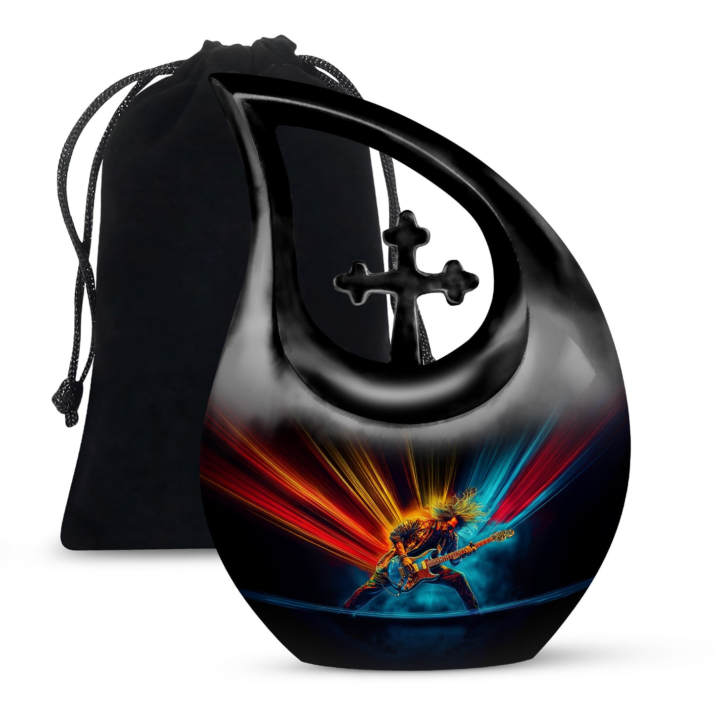 Deep Black Guitar Cremation Urn top-down view of secure threaded lid - cross and guitar combined in spiritual memorial design - full-size 10 inch 200 cubic inch adult cremation urn
