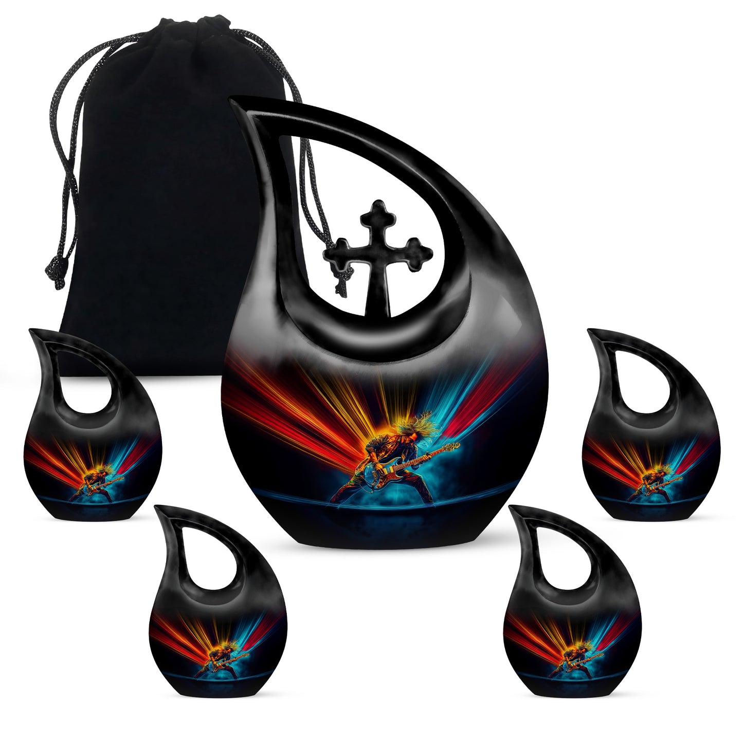 Glossy Black Guitar Cremation Urn urn with complimentary velvet bag - sacred cross merged with guitar motif on metal - memorial set with one large and four small urns