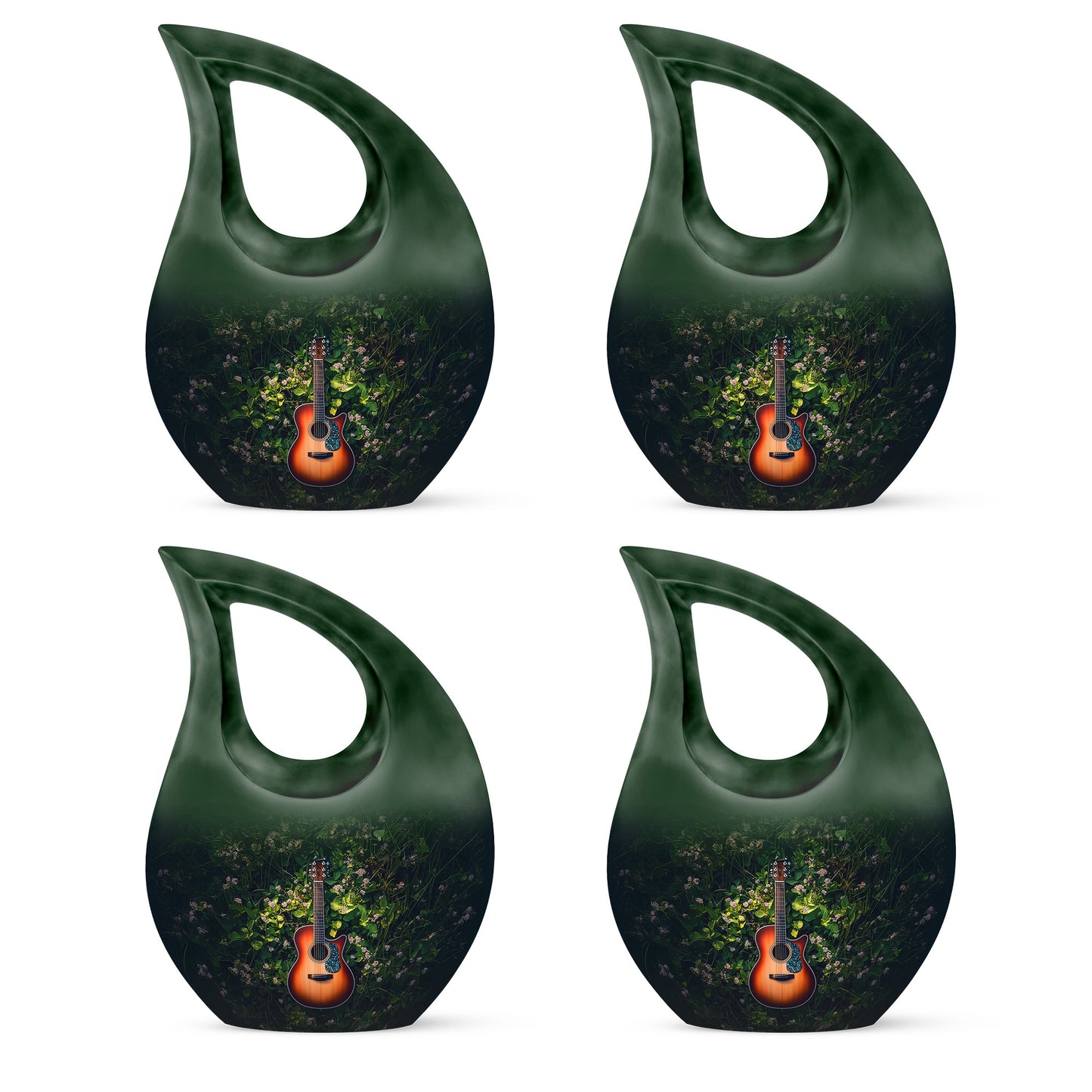 Pine Green Guitar Cremation Urn lifestyle display on memorial shelf - faith-inspired cross-drop urn with guitar pattern - 10 inch aluminum urn for cremated remains