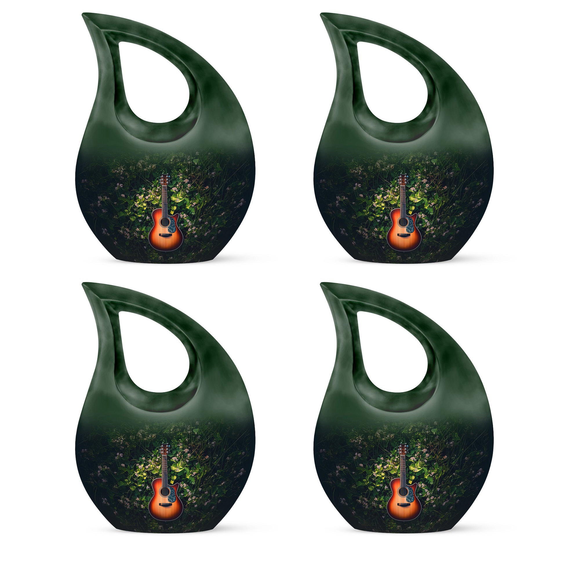 Pine Green Guitar Cremation Urn lifestyle display on memorial shelf - faith-inspired cross-drop urn with guitar pattern - 10 inch aluminum urn for cremated remains