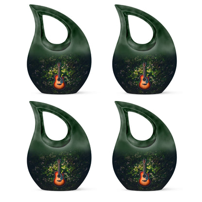 Pine Green Guitar Cremation Urn lifestyle display on memorial shelf - faith-inspired cross-drop urn with guitar pattern - 10 inch aluminum urn for cremated remains