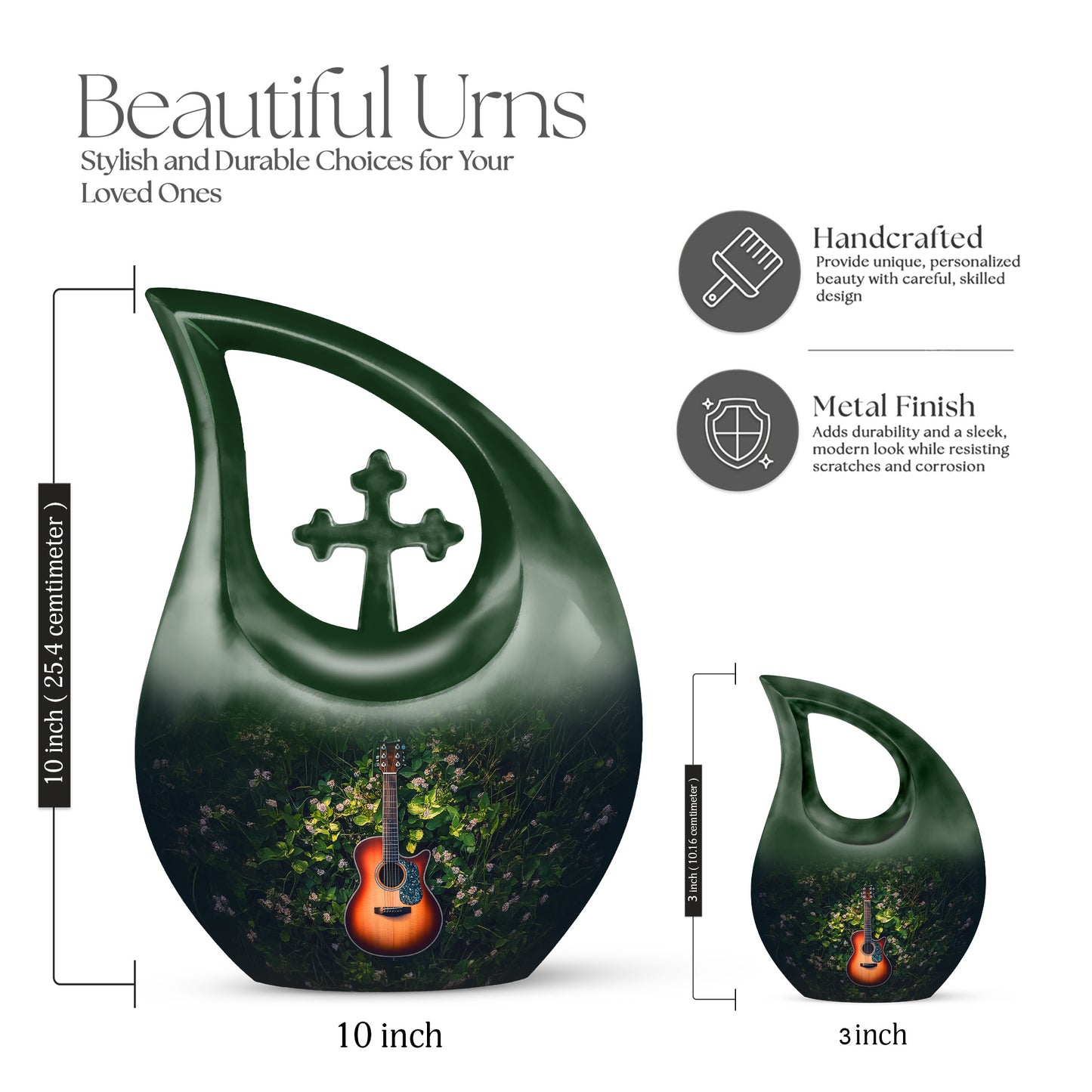 Mint Green Guitar Cremation Urn back view with polished surface - faith-inspired cross-drop urn with guitar pattern - mini keepsake memorial for portion of cremation ashes