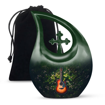 Verdant Green Guitar Cremation Urn top-down view of secure threaded lid - sacred cross merged with guitar motif on metal - full-size 10 inch 200 cubic inch adult cremation urn