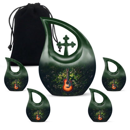 Forest Green Guitar Cremation Urn urn with complimentary velvet bag - devotional cross-drop guitar engraving - memorial set with one large and four small urns