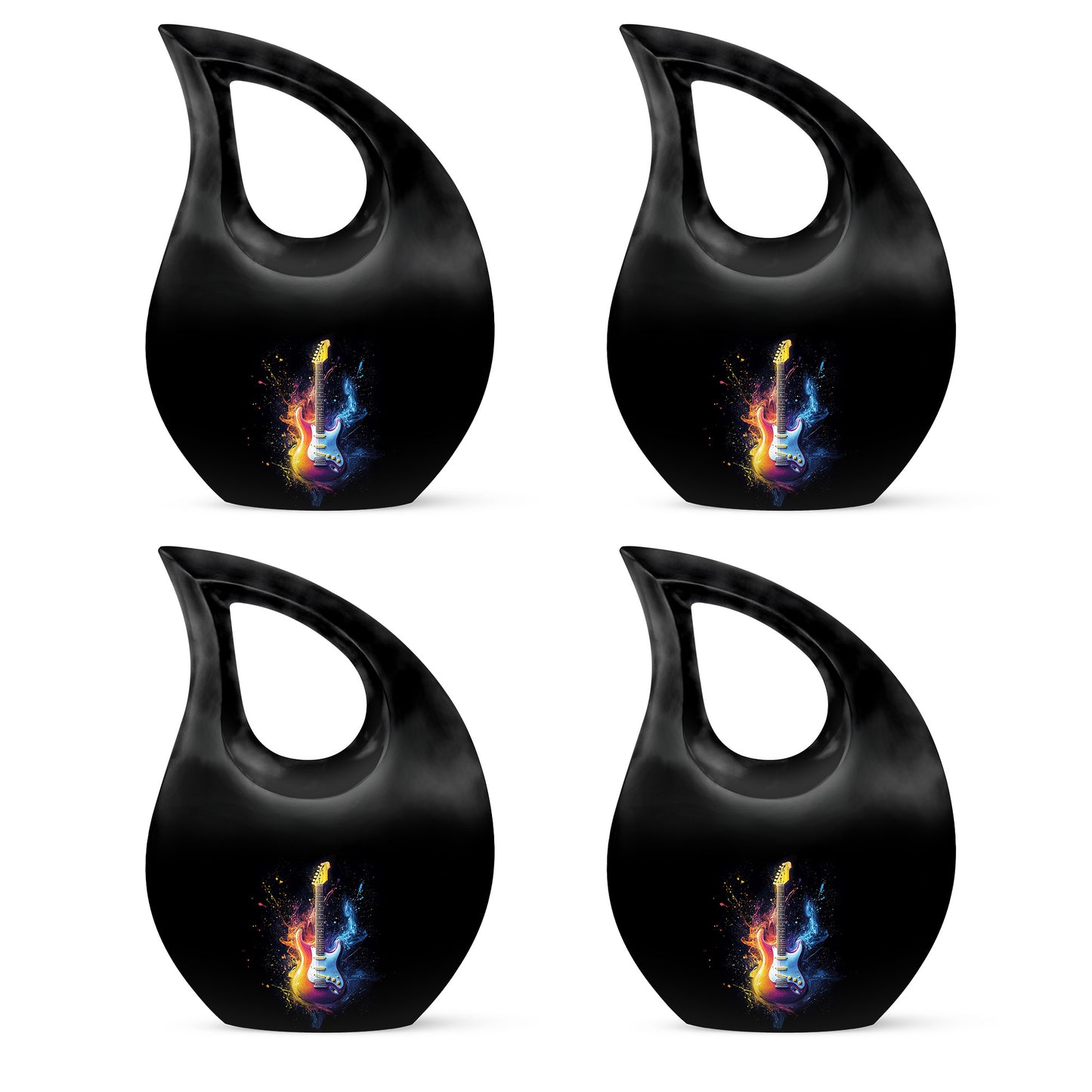 Glossy Black Guitar Cremation Urn lifestyle display on memorial shelf - cross and guitar combined in spiritual memorial design - 10 inch aluminum urn for cremated remains