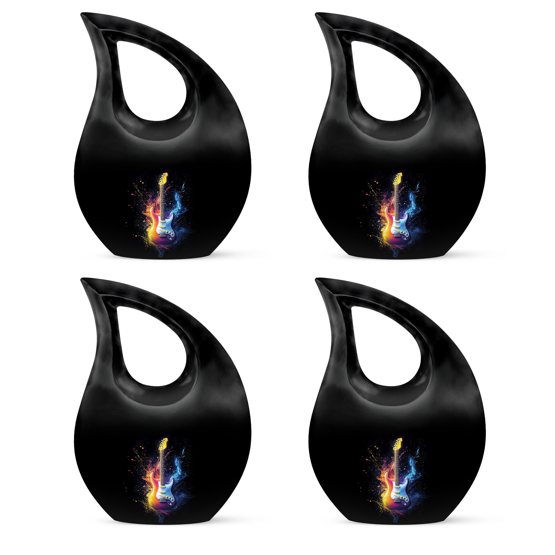 Glossy Black Guitar Cremation Urn lifestyle display on memorial shelf - cross and guitar combined in spiritual memorial design - 10 inch aluminum urn for cremated remains