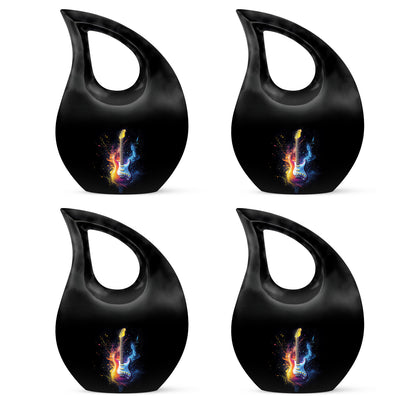 Glossy Black Guitar Cremation Urn lifestyle display on memorial shelf - cross and guitar combined in spiritual memorial design - 10 inch aluminum urn for cremated remains