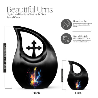 Deep Black Guitar Cremation Urn back view with polished surface - cross and guitar combined in spiritual memorial design - mini keepsake memorial for portion of cremation ashes