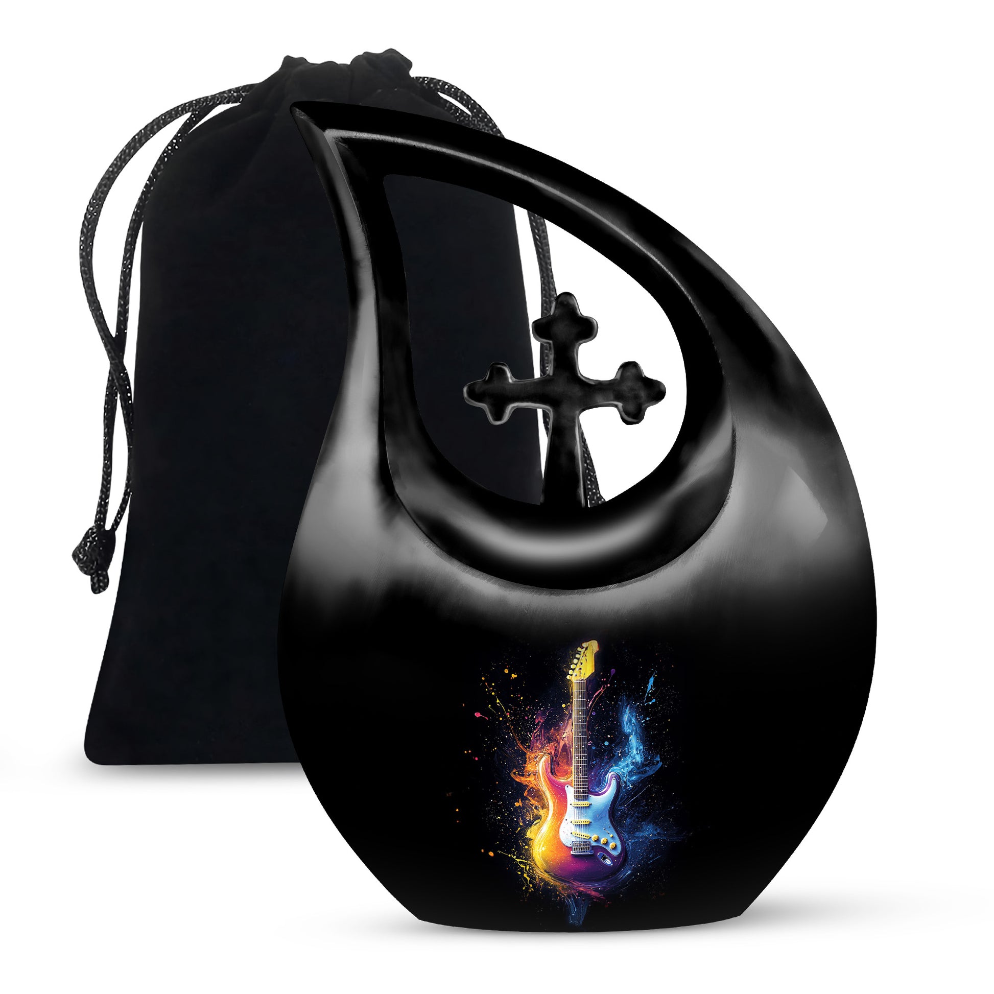 Charcoal Black Guitar Cremation Urn top-down view of secure threaded lid - faith-inspired cross-drop urn with guitar pattern - full-size 10 inch 200 cubic inch adult cremation urn