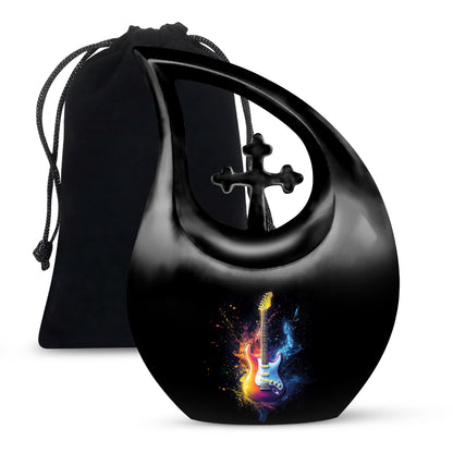 Charcoal Black Guitar Cremation Urn top-down view of secure threaded lid - faith-inspired cross-drop urn with guitar pattern - full-size 10 inch 200 cubic inch adult cremation urn