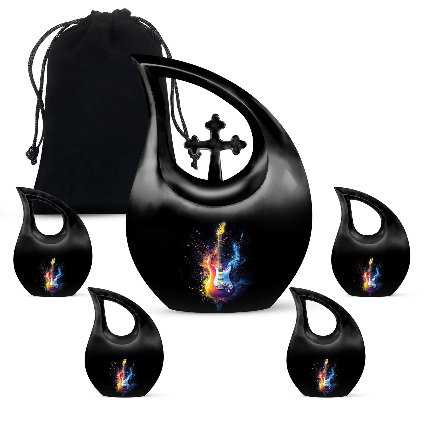 Ebony Guitar Cremation Urn urn with complimentary velvet bag - sacred cross merged with guitar motif on metal - memorial set with one large and four small urns
