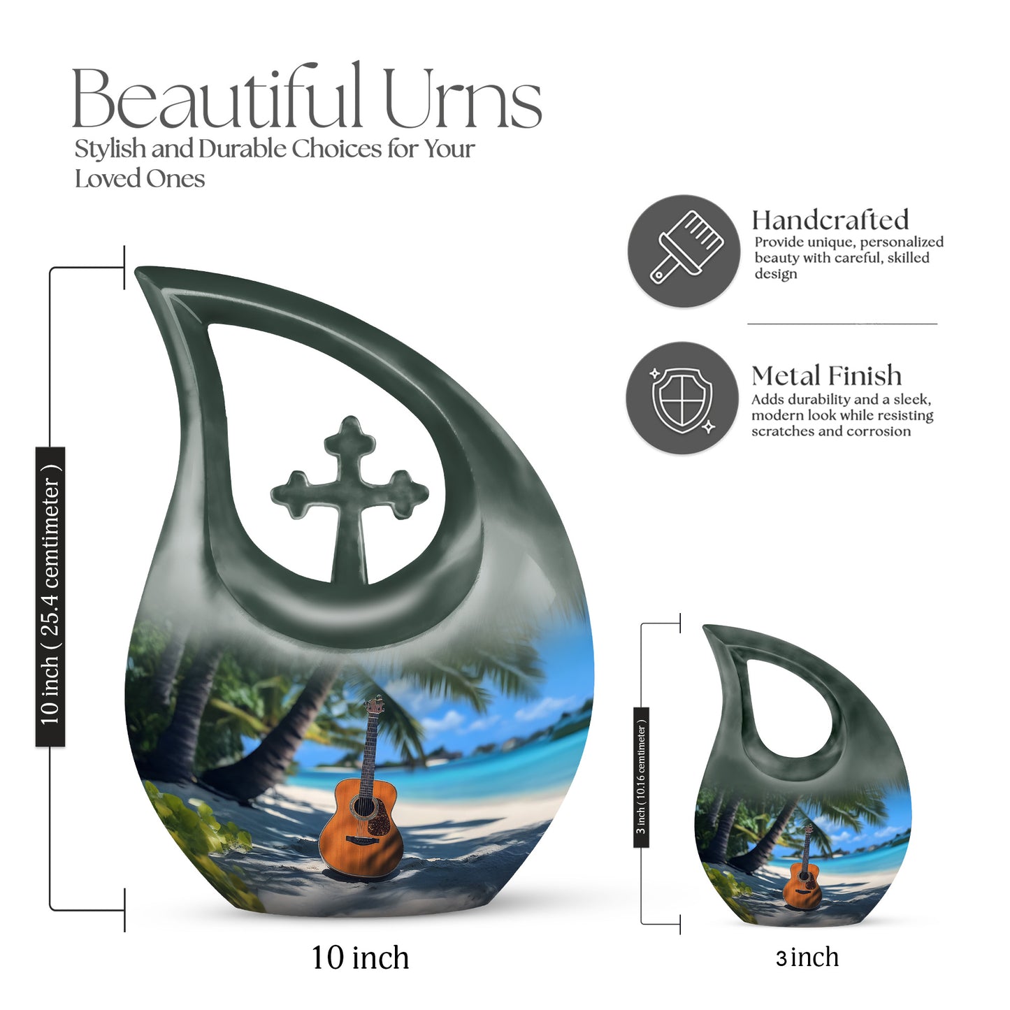 Navy Blue Guitar Cremation Urn back view with polished surface - cross and guitar combined in spiritual memorial design - mini keepsake memorial for portion of cremation ashes