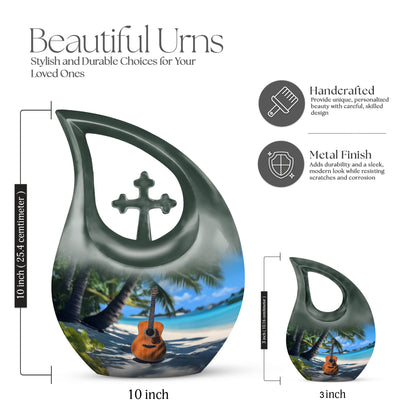 Navy Blue Guitar Cremation Urn back view with polished surface - cross and guitar combined in spiritual memorial design - mini keepsake memorial for portion of cremation ashes