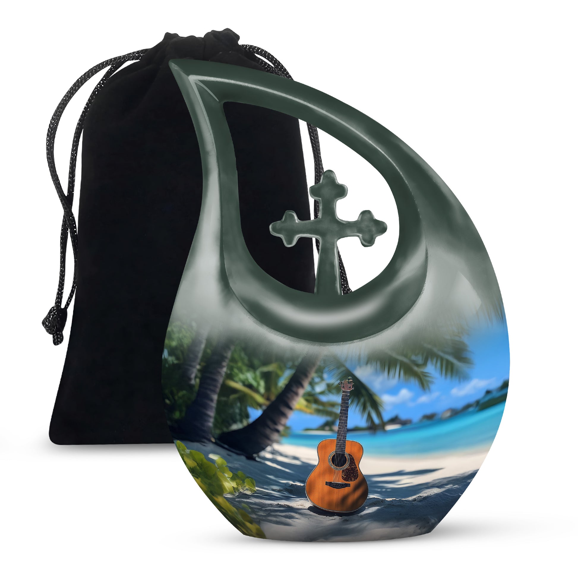 Serene Blue Guitar Cremation Urn top-down view of secure threaded lid - faith-inspired cross-drop urn with guitar pattern - full-size 10 inch 200 cubic inch adult cremation urn