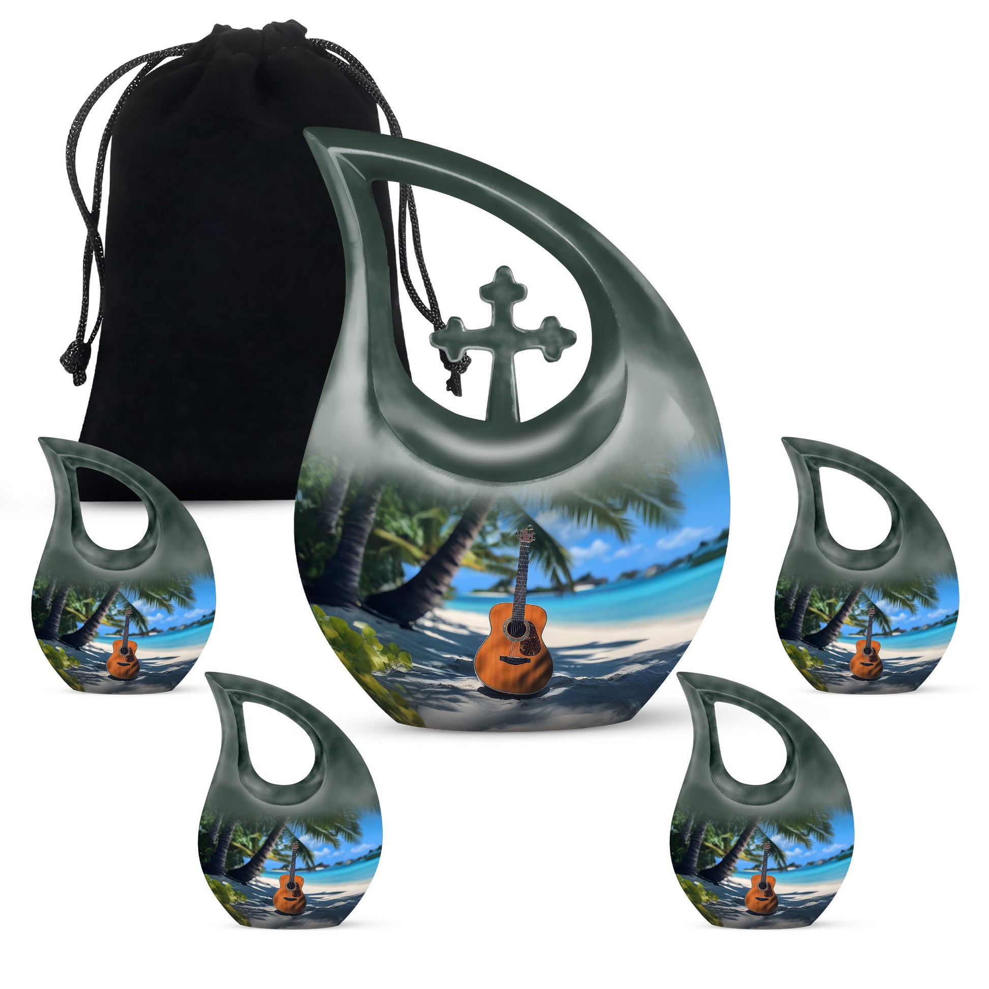 Powder Blue Guitar Cremation Urn urn with complimentary velvet bag - sacred cross merged with guitar motif on metal - memorial set with one large and four small urns