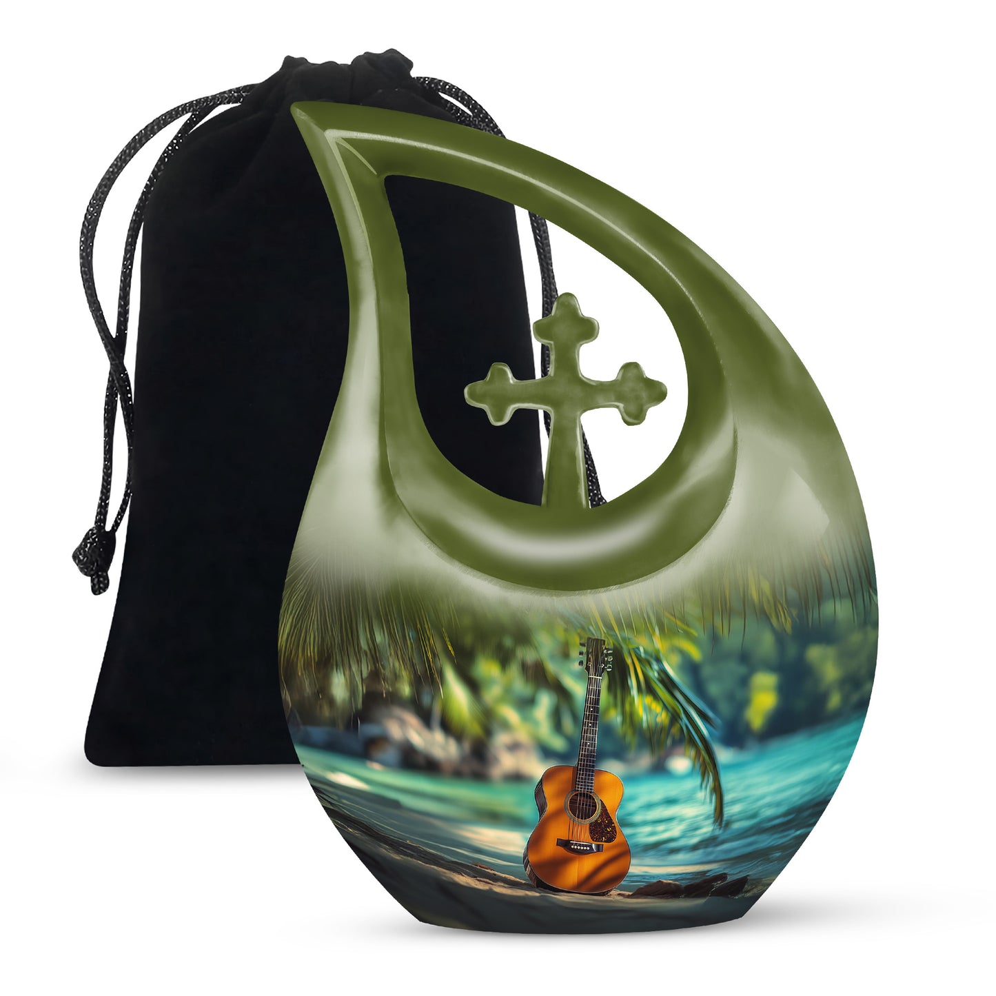 Burnished Gold Guitar Cremation Urn top-down view of secure threaded lid - faith-inspired cross-drop urn with guitar pattern - full-size 10 inch 200 cubic inch adult cremation urn