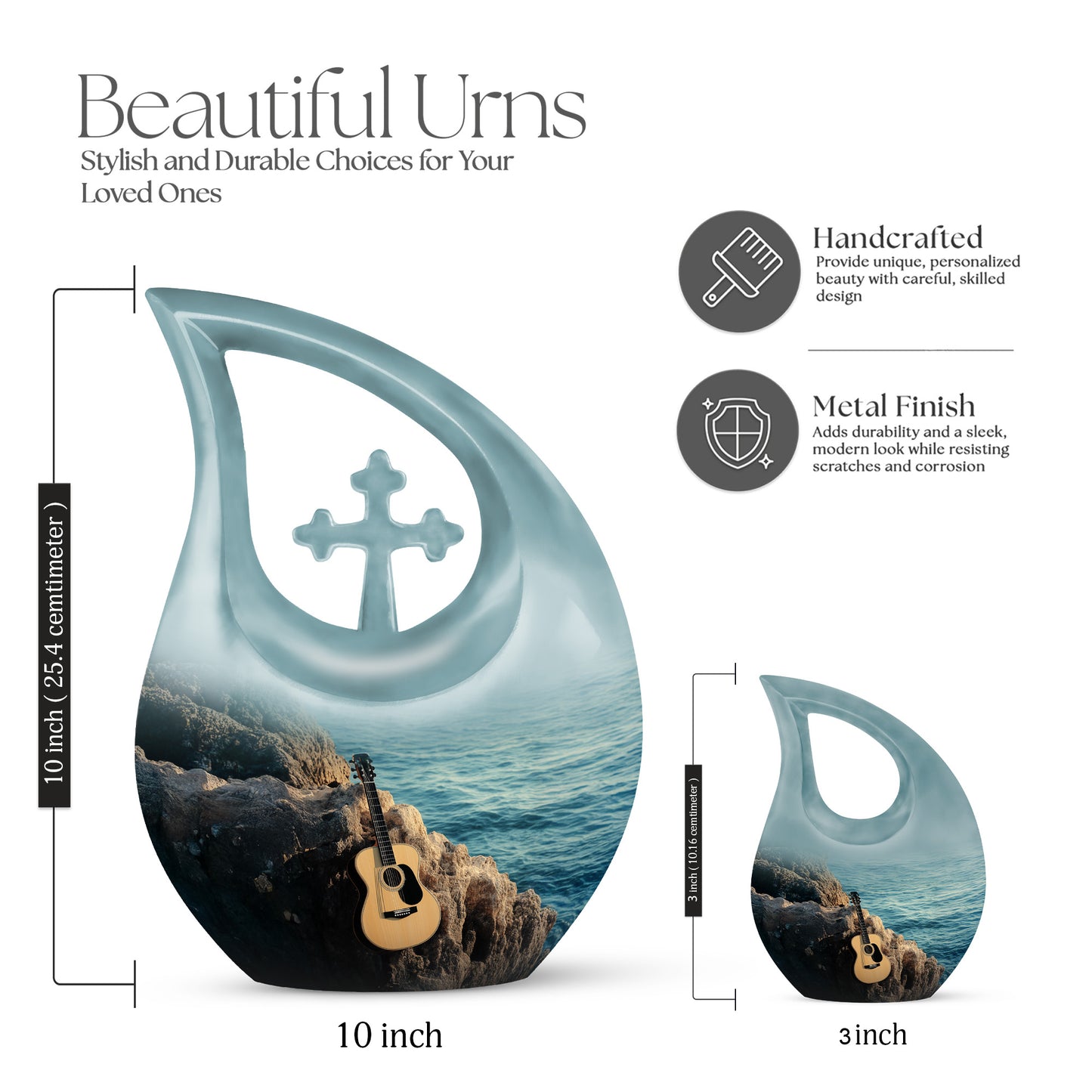 Ocean Teal Guitar Cremation Urn back view with polished surface - sacred cross merged with guitar motif on metal - mini keepsake memorial for portion of cremation ashes