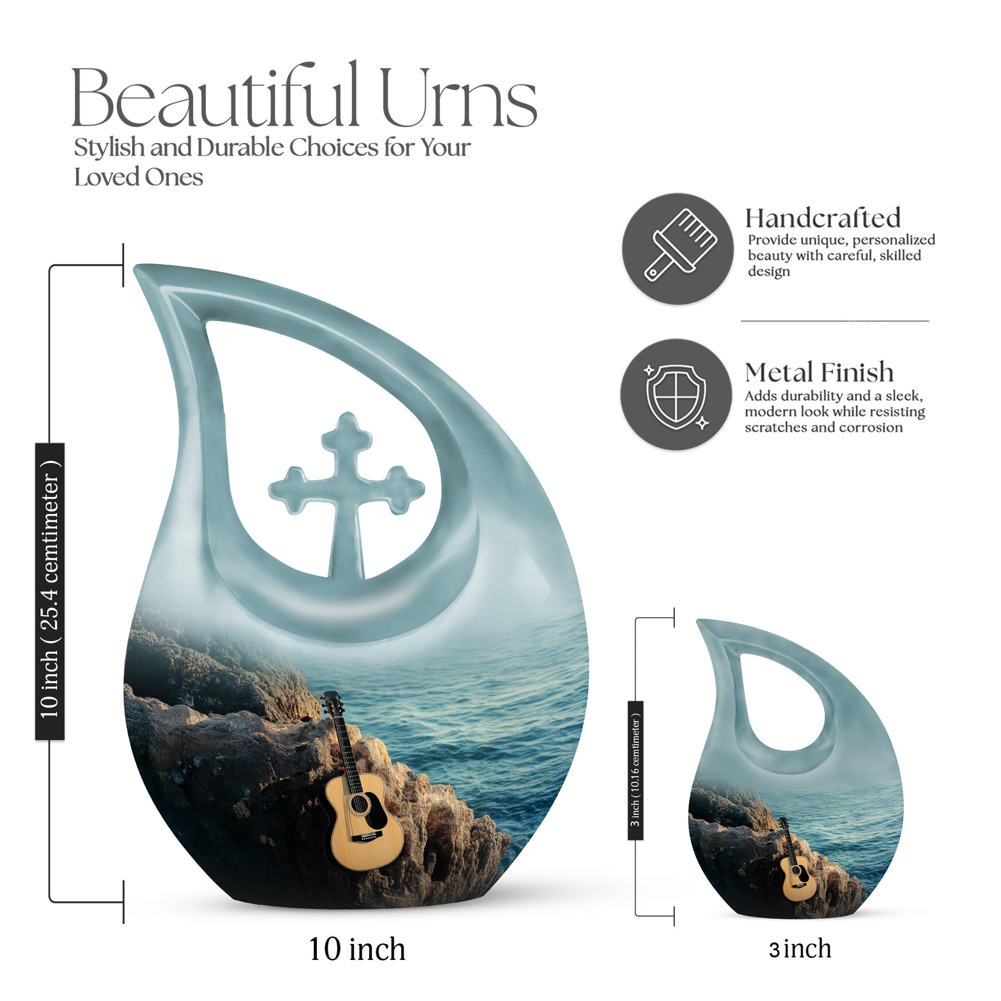 Ocean Teal Guitar Cremation Urn back view with polished surface - sacred cross merged with guitar motif on metal - mini keepsake memorial for portion of cremation ashes