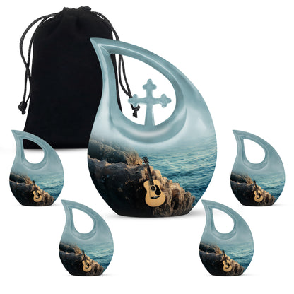 Tropical Teal Guitar Cremation Urn urn with complimentary velvet bag - faith-inspired cross-drop urn with guitar pattern - memorial set with one large and four small urns