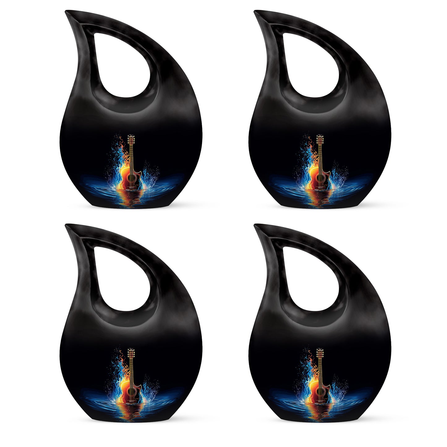 Rich Black Guitar Cremation Urn lifestyle display on memorial shelf - cross and guitar combined in spiritual memorial design - 10 inch aluminum urn for cremated remains