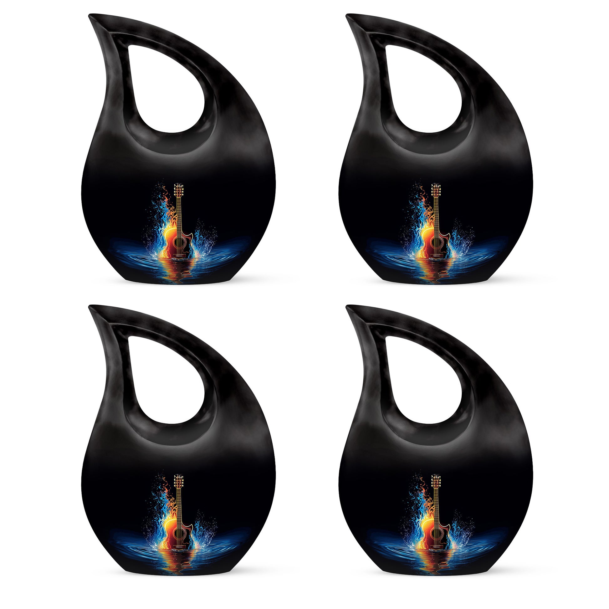 Rich Black Guitar Cremation Urn lifestyle display on memorial shelf - cross and guitar combined in spiritual memorial design - 10 inch aluminum urn for cremated remains