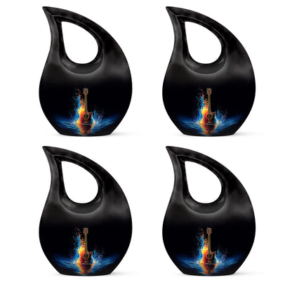 Rich Black Guitar Cremation Urn lifestyle display on memorial shelf - cross and guitar combined in spiritual memorial design - 10 inch aluminum urn for cremated remains