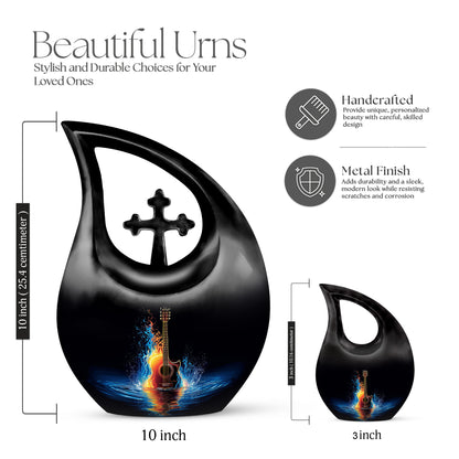 Ebony Guitar Cremation Urn back view with polished surface - cross and guitar combined in spiritual memorial design - mini keepsake memorial for portion of cremation ashes