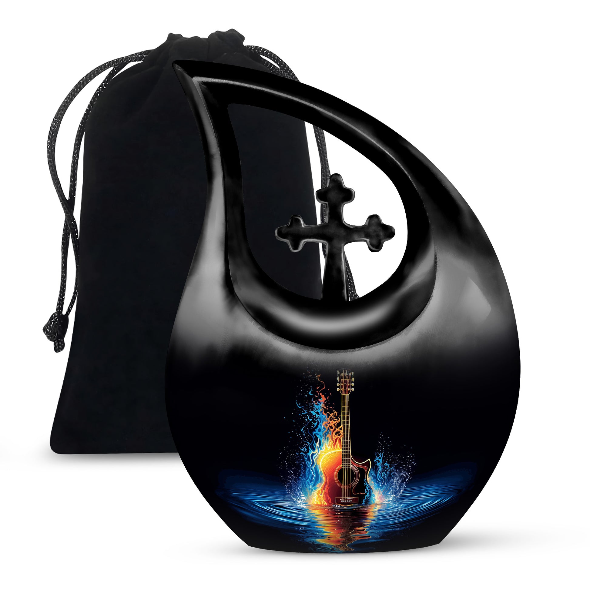 Glossy Black Guitar Cremation Urn top-down view of secure threaded lid - sacred cross merged with guitar motif on metal - full-size 10 inch 200 cubic inch adult cremation urn