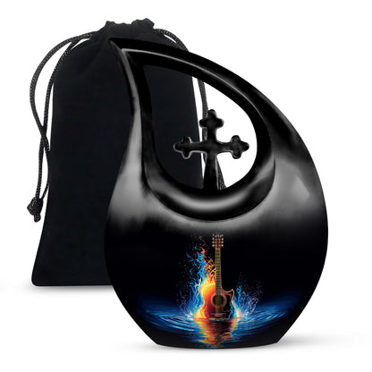 Glossy Black Guitar Cremation Urn top-down view of secure threaded lid - sacred cross merged with guitar motif on metal - full-size 10 inch 200 cubic inch adult cremation urn