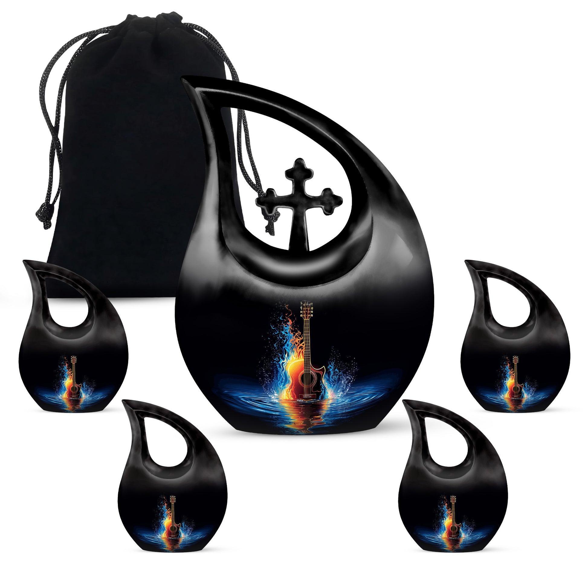Dark Black Guitar Cremation Urn urn with complimentary velvet bag - faith-inspired cross-drop urn with guitar pattern - memorial set with one large and four small urns