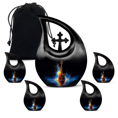 Dark Black Guitar Cremation Urn urn with complimentary velvet bag - faith-inspired cross-drop urn with guitar pattern - memorial set with one large and four small urns